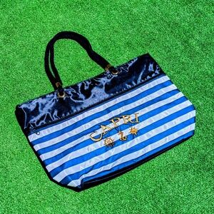 Capri Large 19" Sailing Symbols Italia Women Blue/White Striped Zipper Tote EUC